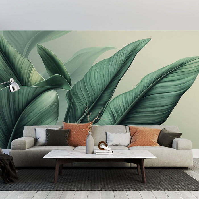 Mural Wallpaper green foliage | Banana leaves and beige background