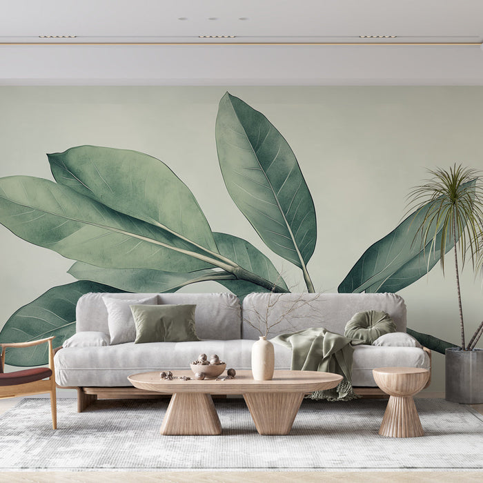 Mural Wallpaper green foliage | Leaves on branch in pastel shades