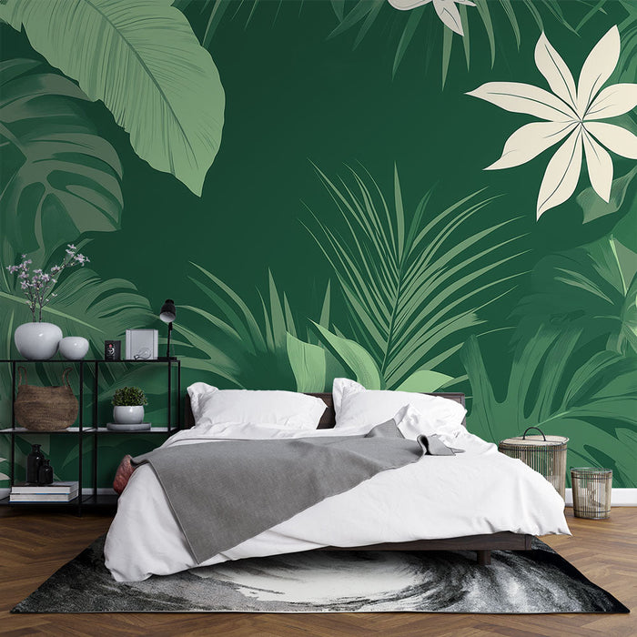 Green foliage mural wallpaper | White flowers and monochrome foliage