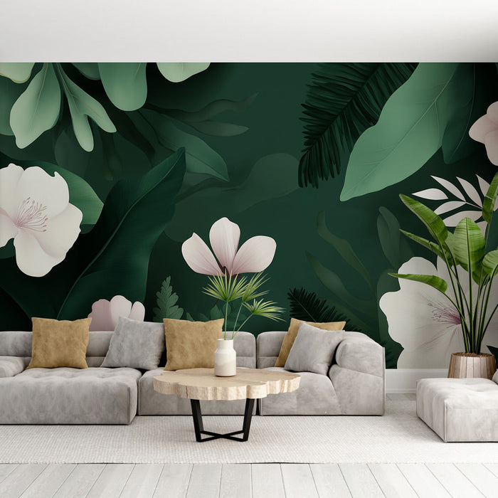 Mural Wallpaper green foliage | Pastel pink flowers and dark green background