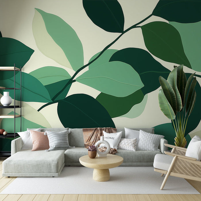 Green foliage mural wallpaper | Beige background and shades of green