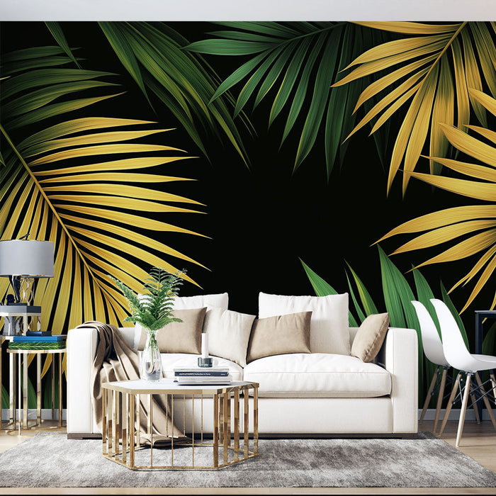 Mural Wallpaper green foliage | Black background and green and gold duo