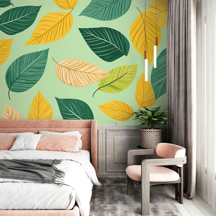 Mural Wallpaper green foliage | Pastel green background and multicolored leaves