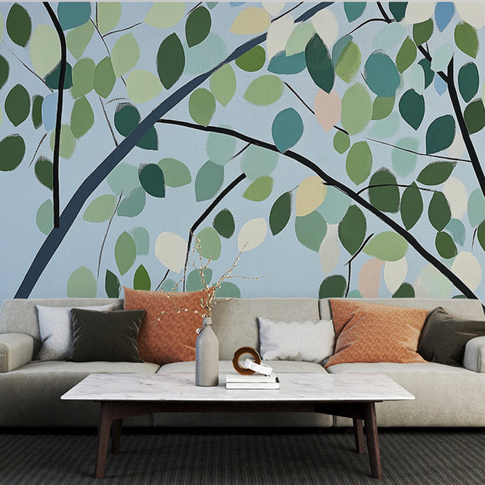 Mural Wallpaper green foliage | Large branches and sky blue background