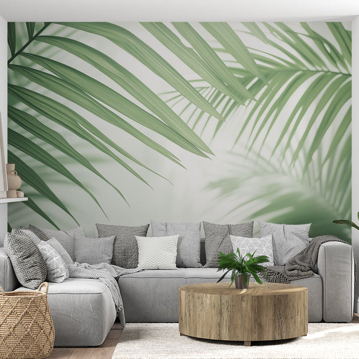 Mural Wallpaper green foliage | Large palm leaves and light