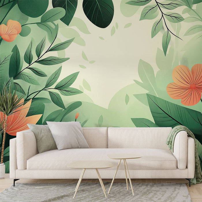 Mural Wallpaper green foliage | Large coral pink flowers