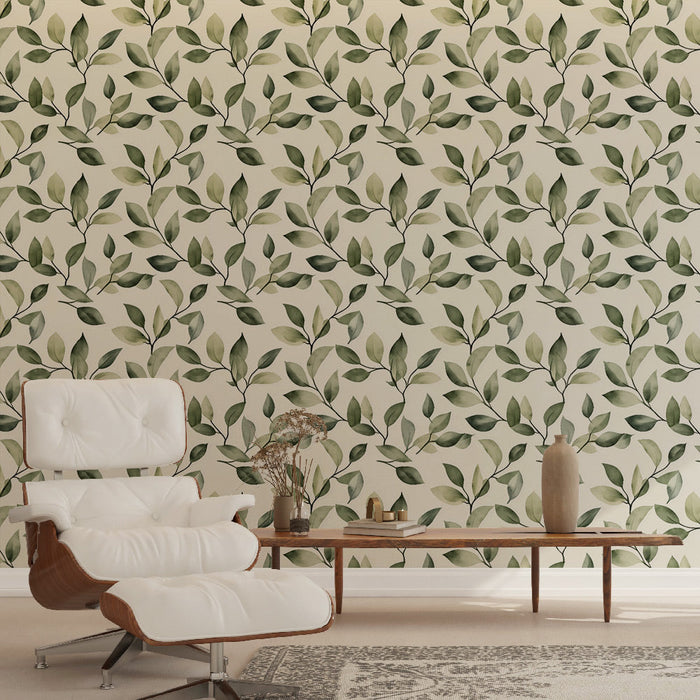 Carta da parati verde fogliame | Motivo delicato di foglie acquerellate su sfondo chiaro