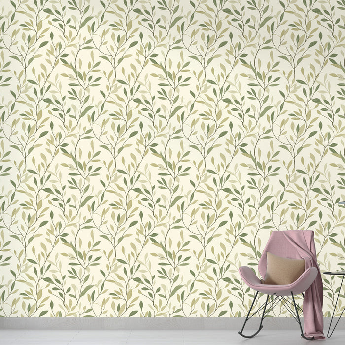 Tapeta zeleného listí | Jemný vzor listů na krémovém pozadí