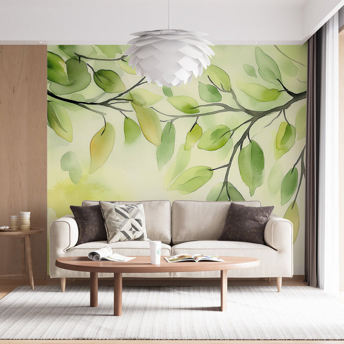 Mural Wallpaper green foliage | Pastel and watercolor