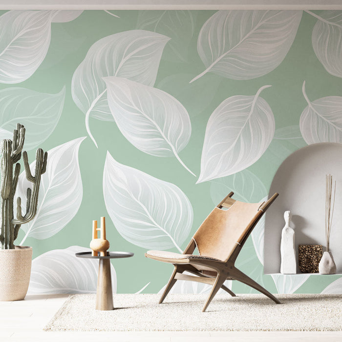 Pastel yeşil yapraklı Fototapet | Beyaz yapraklar