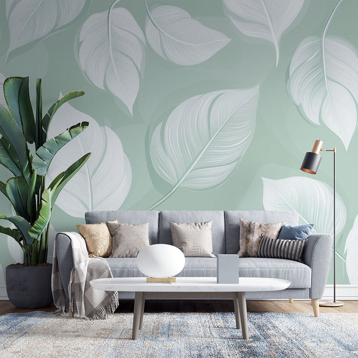 Mural Wallpaper green pastel foliage | White leaves and veins