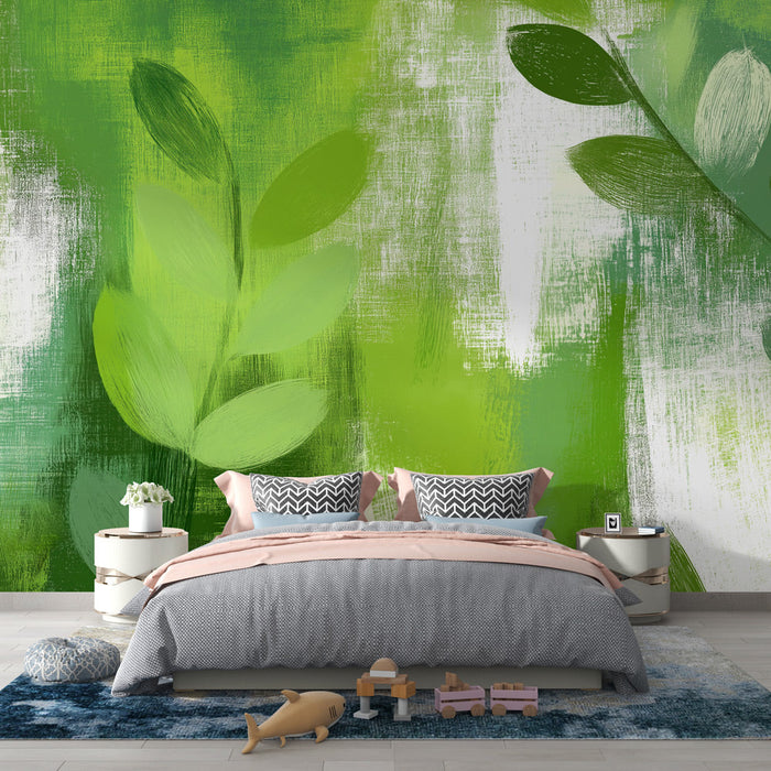 Mural Wallpaper green foliage | Painting style and green leaves