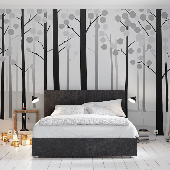 Papel pintado de follaje en blanco y negro | Bosque monocromático