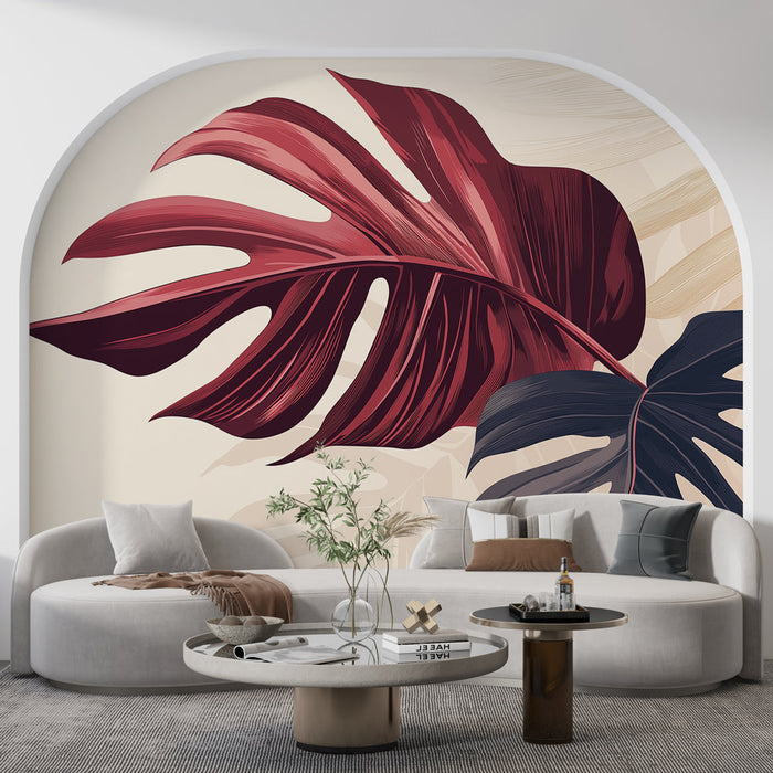 Fototapet yaprakları Bordeaux'u terk ediyor | Yumuşak bir arka plan üzerinde kırmızı ve siyah tonlarda egzotik yapraklar
