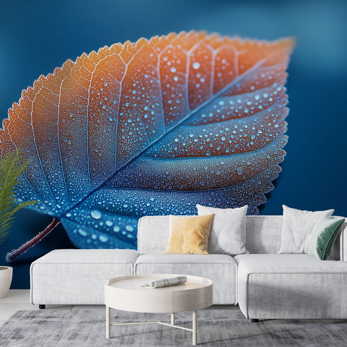 Mural Wallpaper blue leaf | Water drops on gradient foliage