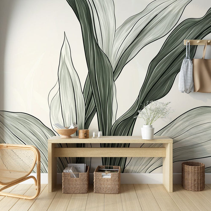 Fototapet abstrakt bananblad | Delikate blade med grafiske konturer på en lys baggrund