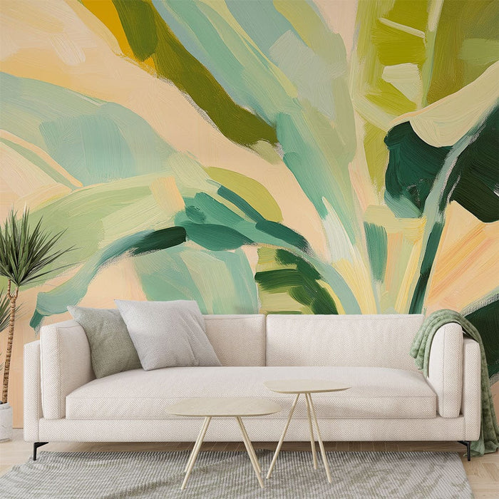 Stenska tapeta abstrakten list banane | Stilizirani listi v mehkih in pastelnih odtenkih