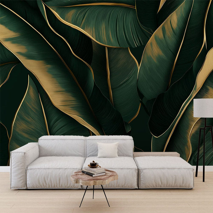 Tapeta golden banana leaf | Lush green leaves with golden outlines