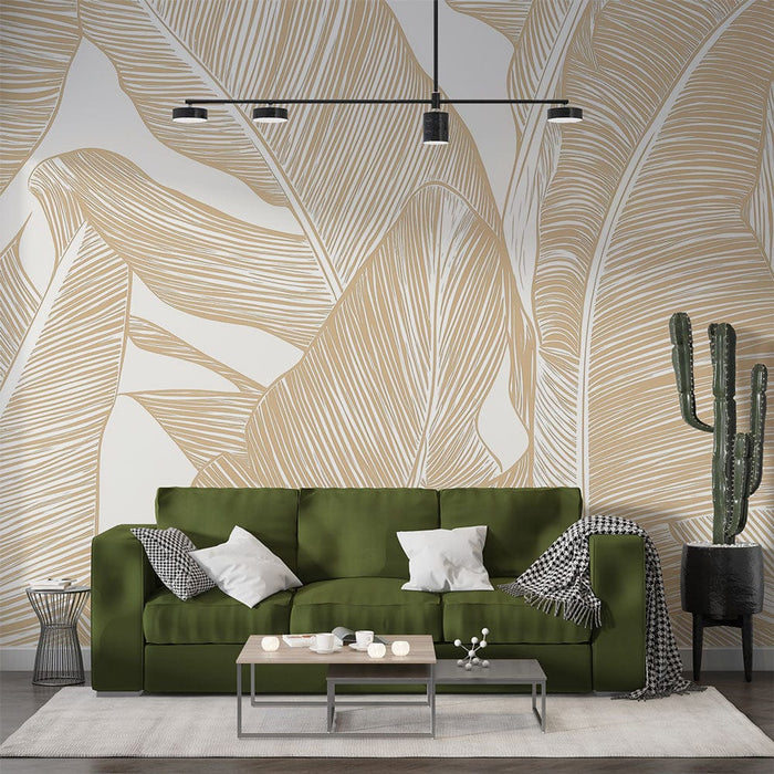 Gylden bananblad fototapet | Mønstre af store stiliserede blade i klar kontur