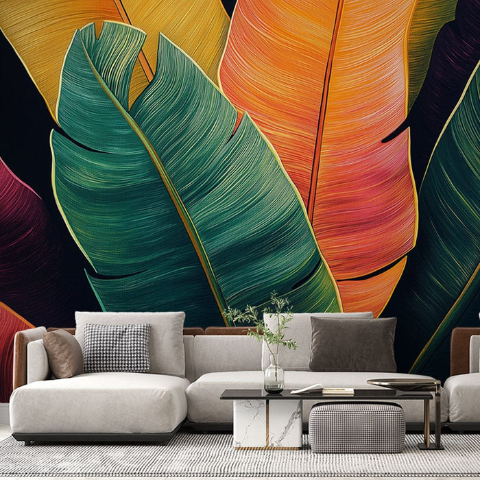 Falfestmény banánlevél | Művészi stílusú színes levelek sötét háttéren