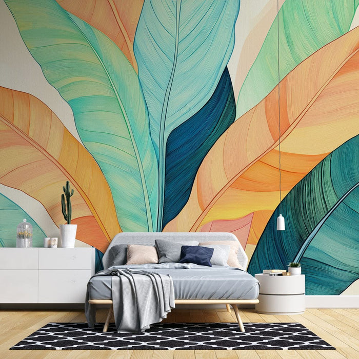 Tapete bananenblatt | Bunte Aquarellblätter in leuchtenden Farbtönen