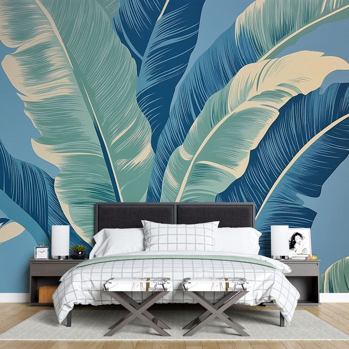 Tapet frunză de banană | Frunze de banană stilizate pe fundal albastru