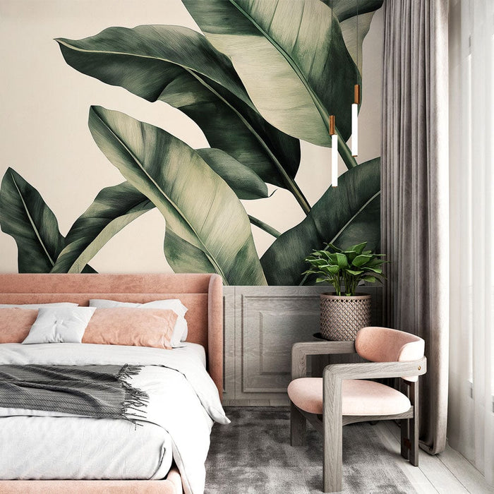 Fototapet bananblad | Styliserade bananblad på en mjuk bakgrund