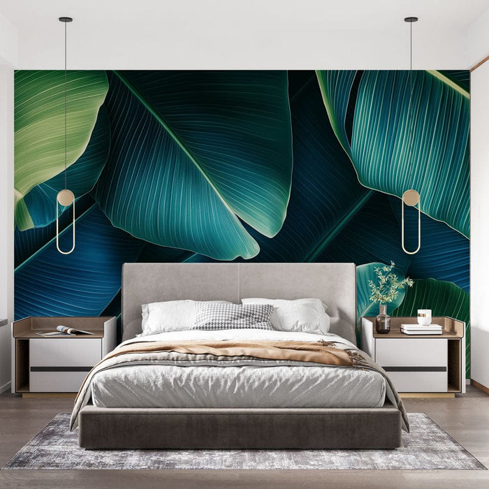 Tapet frunză de bananier | Frunze verzi și albastre cu texturi bogate