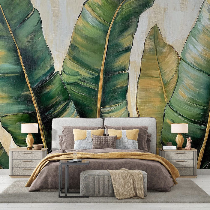 Fototapet muz yaprağı | Altın dokunuşlarla yeşil yapraklar