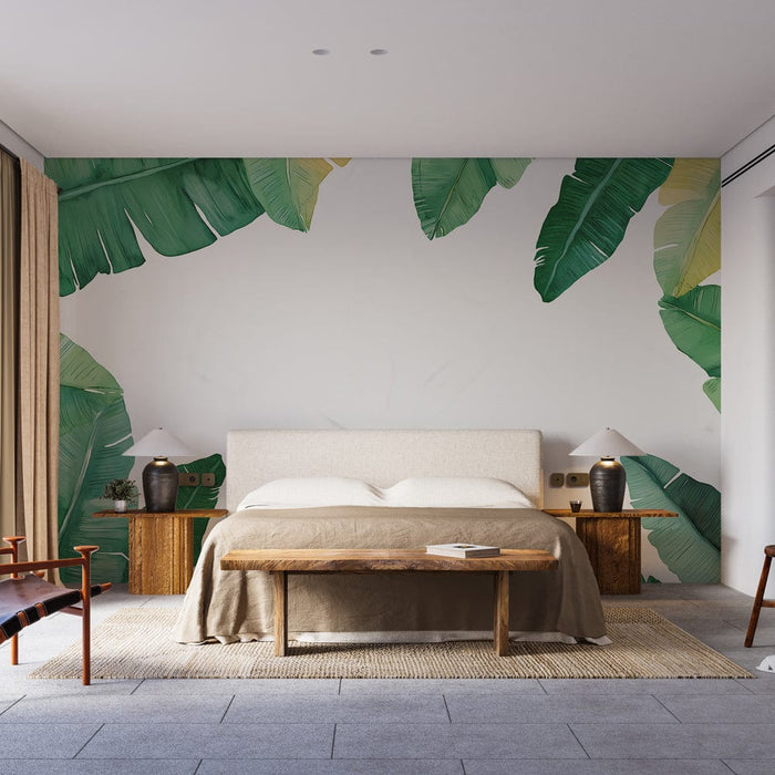 Carta da parati foglia di banana | Foglie verdi lussureggianti su sfondo bianco