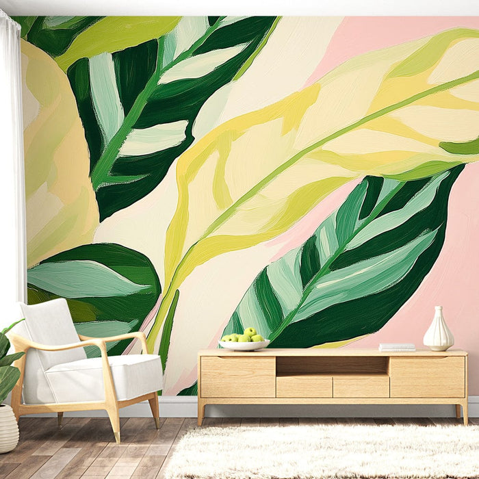 Fototapet banana leaf | Fine grønne og gule blade på lyserød baggrund