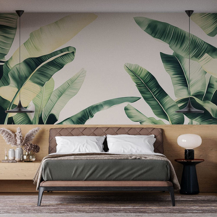 Ταπετσαρία τοίχου φύλλο μπανάνας | Μεγάλα πράσινα φύλλα σε ανοιχτό φόντο