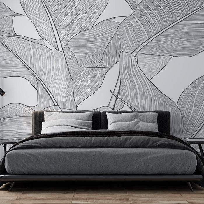 Tapeta linear banana leaf | Stilizirani listovi u sivim linijama na bijeloj pozadini