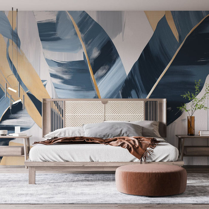 Tapeta moderni banánový list | Stylizované listy v modrých a zlatých tónech