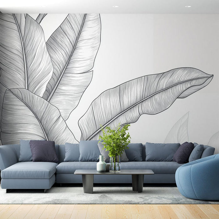 Monokróm banánlevél tapéta | Stílusos levelek finom vonalakkal fehér háttéren