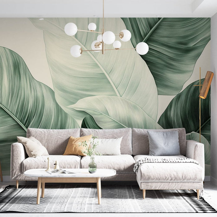 Carta da parati foglia di banana | Elegante motivo di grandi foglie verdi su uno sfondo chiaro
