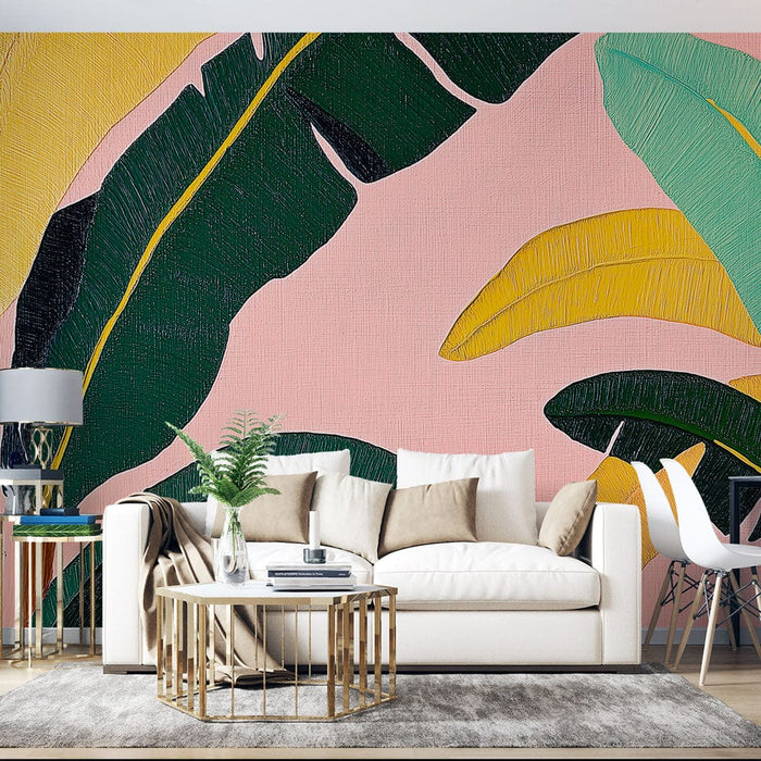 Fototapet banana leaf | Levende blad mønster på lyserød baggrund