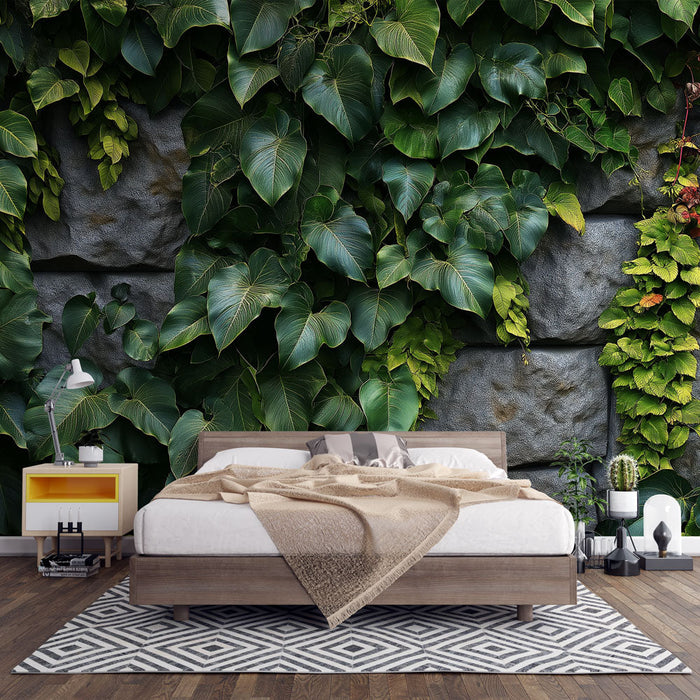 Tapete bananenblatt | Grüne Wand mit großen grünen Blättern und Steinen