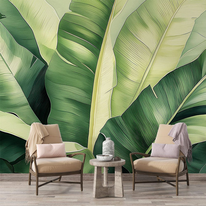 Papel pintado hoja de banana | Un exuberante patrón de grandes hojas verdes y doradas