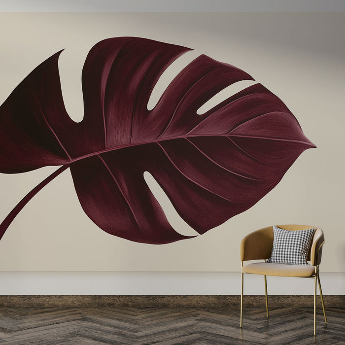 Tapete monstera-leaf | Elegantes burgunderfarbenes Blatt auf hellem Hintergrund