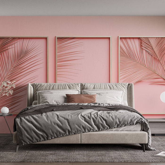 Fototapet φοίνικας φύλλο | Ξύλινα πλαίσια με κομψά φύλλα σε ροζ φόντο.