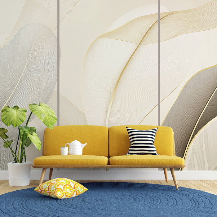 Tapeta elegantní list | Vlnité vzory v neutrálních tónech s zlatými akcenty