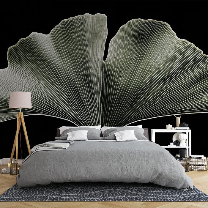 Falfestmény Tapéta Levél | Stilizált Ginkgo Levél Fekete Háttéren