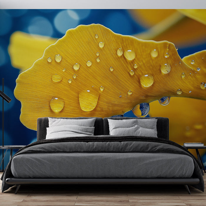 Mural Wallpaper yellow leaf | Water droplets on a vibrant leaf