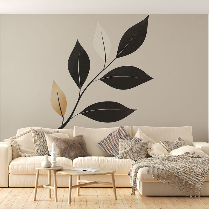 Mural Wallpaper black leaf | Elegant leaves on neutral background