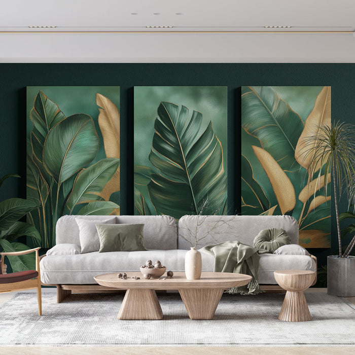 Tapete με τροπικά φύλλα | Στιλιζαρισμένα πράσινα και χρυσά φύλλα σε σμαραγδένιο φόντο