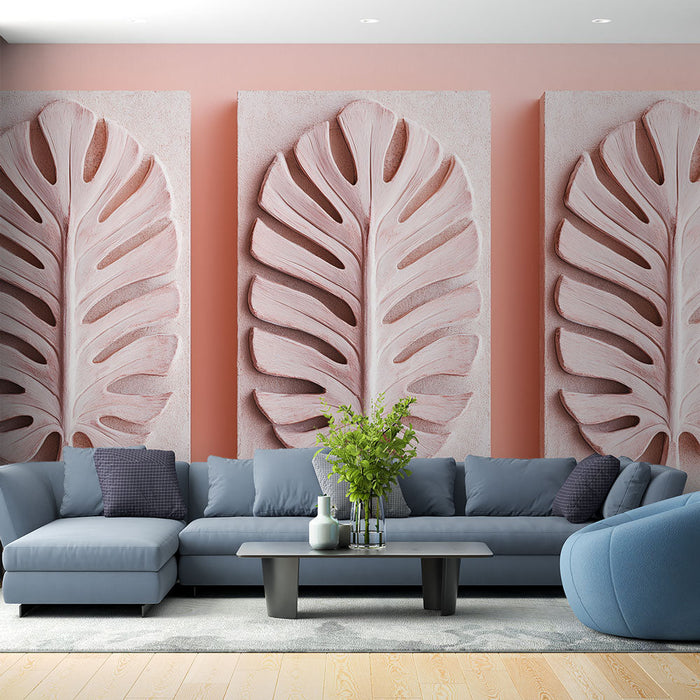 Fototapet tropisk blad | Bleg lyserød reliefmønster af monstera blad