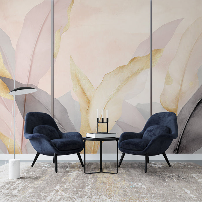 Fototapet abstrakte blade | Bladenes elegance i bløde og gyldne nuancer