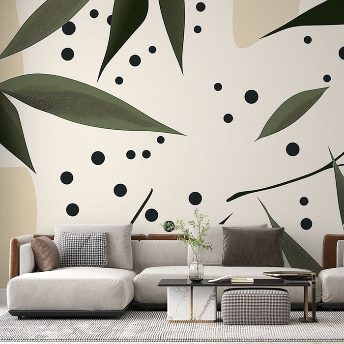 Tapeta z abstraktnimi listi | Moderni vzorec z listi in črnimi pikami na smetanovem ozadju
