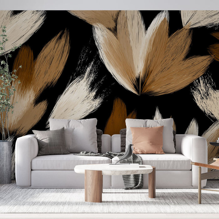 Foto Behang abstracte bladeren | Bladpatronen in natuurlijke tinten op een zwarte achtergrond